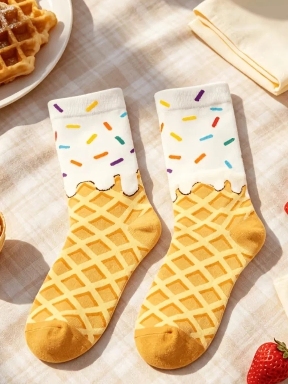Ice Cream Cone Novelty Socks - White & Orange